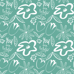 Flower buds seamless pattern contour digital doodle art on green background. Print for fabrics, banners, web design, posters, invitations, cards, stationery, wrapping paper.