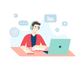Fototapeta na wymiar Marketing courses, distance education, training and courses. Male student studies marketing online with his laptop at home. Vector flat cartoon illustration