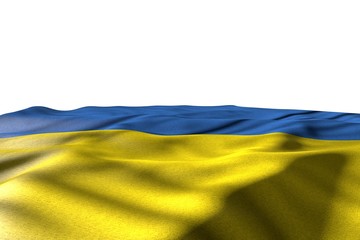 beautiful mockup illustration of Ukraine flag lying with perspective view isolated on white with place for your text - any occasion flag 3d illustration..