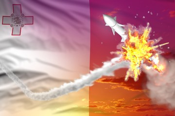 Malta intercepted nuclear warhead, modern antirocket destroys enemy missile concept, military industrial 3D illustration with flag