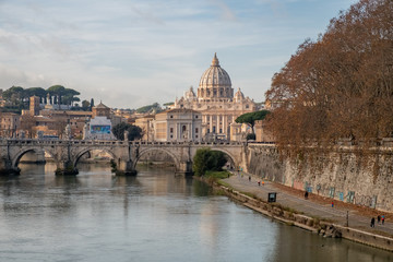 View of St. Peter's Basilica in the Vatican from bridge. Roma, Italy 