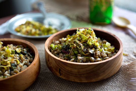 Mujadara&dagger;with crispy leeks and spring greens