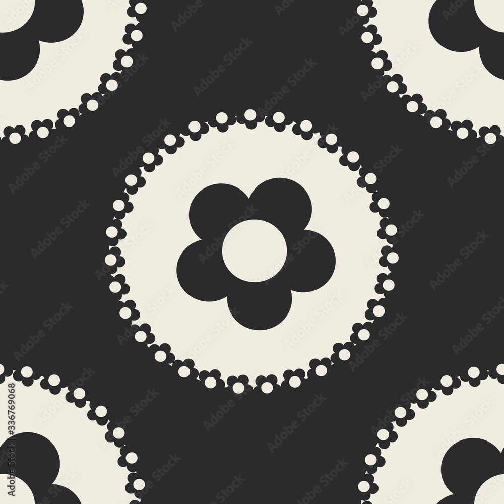 Poster black and white flowers in dots repeat pattern print background