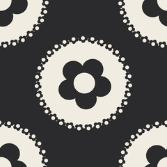 Black and white flowers in dots repeat pattern print background