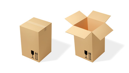 Fototapeta premium Brown tall cardboard opened and closed box. Realistic vector illustration for moving service or warehouse design.