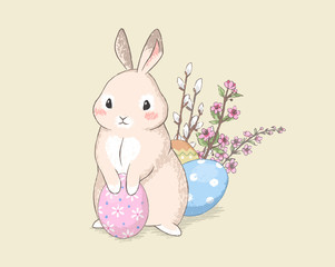 Сute Easter bunny in handdrawn pastel style near eggs and flowers. Vector illustration. - 336769688