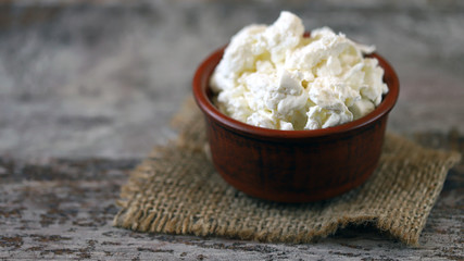Fresh homemade cottage cheese in a bowl. Grain curd.