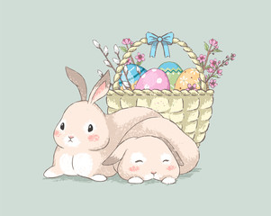 Сute Easter bunnies in handdrawn pastel style near eggs basket. Vector illustration. - 336770093