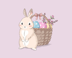 Сute Easter bunny in handdrawn pastel style near eggs basket. Vector illustration. - 336770289