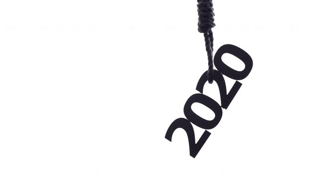 silhouette of rope tightening knot with a loop with numbers on a white isolated background, concept financial collaps, economic crisis in 2020 year
