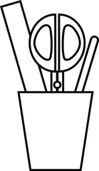 stationery cup with scissors,ruler and pen vector outline simple graphic. office tools black line icon on white background.
