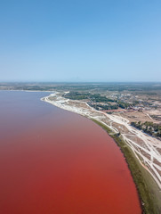 Aerial View of Pink Lake in Senegal, red water by drone