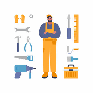 Service worker character with tools and equpment. Universal worker character for repair, construction and builder. Concept image of work wear.
