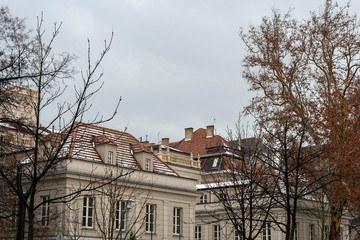 Snowy palaces in Budapest on a winter day.