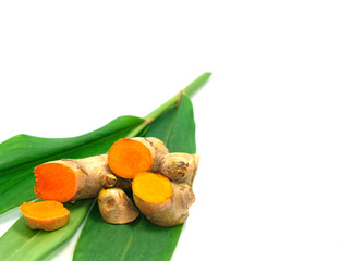 group of orange turmeric vegetable herb and spices slice thai food on green leaves. Isolated on white background