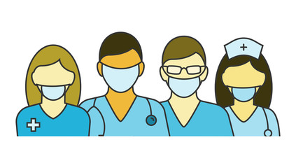 Fototapeta premium Team of doctors and nurses vector illustration. Outline color characters in portrait view.