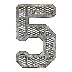 Mechanical alphabet made from rivet metal with gears on white background. Number 5. 3D © lotus_studio