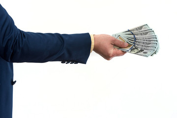 Businessman buying or renting a product or service, giving dollars, isolated on white. The male...