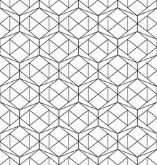 Geometric seamless pattern in outline style. Luxury texture with hexagons and rhombus. Abstract diamond shapes wrapping template. Black intersecting lines on white background. EPS8 vector illustration