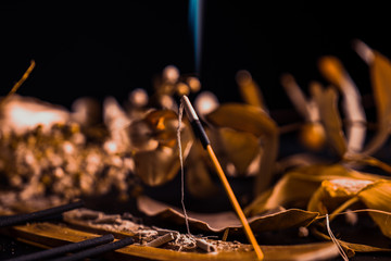 Stick holder and incense stick with leaves and flowers on black background