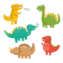 Set of cute dinosaurs isolated on white background. Kids illustration. Funny cartoon Dino collection.