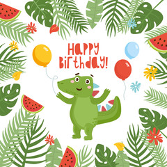 Happy Birthday Cute childish invitation card with dinosaur, watermelon, and tropical leaves. Baby Shower template design. Dino with colorful balloon.