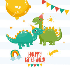 Cute childish card with dinosaurs, garland and rainbow. Baby Shower or Birthday template design. Child illustration design template.