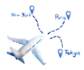 Watercolor hand drawn illustration of passenger airplane aircraft plane in blue colors. Geo location with destination Paris New York Tokey. Tourism trip journey flight concept. Design for airlines