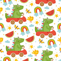 Cute childish seamless pattern. Dinosaur, watermelon, bird and rainbow. Baby Shower illustration. Dino driving a car. For fabric print, wrapping paper, etc.