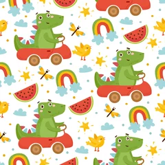 Behang Dieren onderweg Leuk kinderachtig naadloos patroon. Dinosaurus, watermeloen, vogel en regenboog. Baby douche illustratie. Dino die een auto bestuurt. Voor textielbedrukking, inpakpapier, enz.