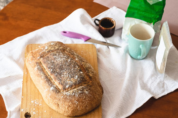 Homemade freshly baked bread. Beautiful brown color and texture. French recipe.