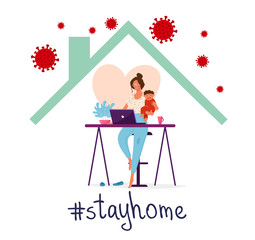 Poster stay home. Happy woman working remotely from home using a computer. The concept of working with digital technology and the Internet during the coronavirus epidemic. Vector flat illustration.