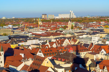 Aerial view of red roofs in old city, Munich, Germany