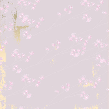 delicate floral cherry blossom pattern on vintage gold foil textured background 