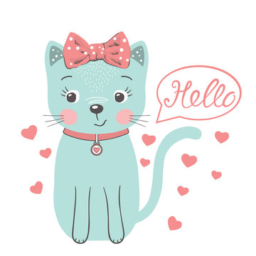 Cute cat girl. Hello slogan. Cartoon vector illustration design for t-shirt graphics, fashion prints