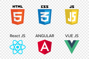 vector collection of web development shield signs: html5, css3, javascript, react js, angular and vue js.	 - obrazy, fototapety, plakaty