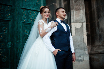 Fototapeta premium The bride and groom walk together in the park. Charming bride in a white dress, the groom is dressed in a dark elegant suit.