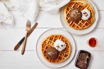 waffle with ice cream and caramel sauce..