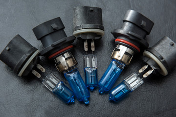 Bulbs for headlight. Auto electric lamp as modern technology on dark background