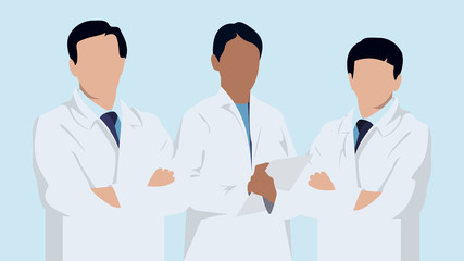 Fototapeta premium Three diverse doctors in white lab coats standing with arms crossed on light blue background. Medical team concept. Healthcare professionals illustration.