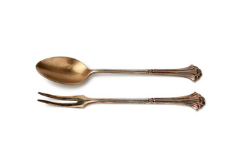 metal two-prong vintage silver fork and spoon