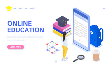 Modern online education banner concept. Character of a student reading an online course on a mobile device.