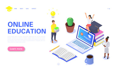 Modern online education banner concept. A group of students study online courses on computers remotely.