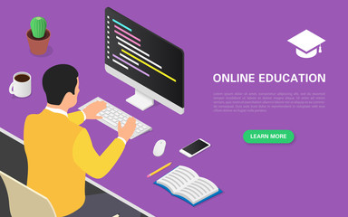 Fototapeta premium Modern online education banner concept. A student is studying online courses on a computer remotely. Home schooling, retraining, specialization.