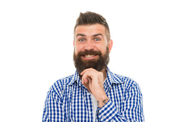 Psychological health. Happy emotional guy. Emotional intellect. Happy man on white background. Bearded man smiling. Hipster with mustache and beard happy face expression. Happiness concept