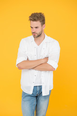 fashion and people concept. Sexy and handsome. Confident young handsome man in jeans shirt. guy...
