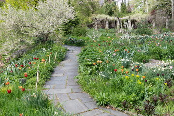 A stone path leading through a garden of blooming spring flowers