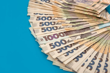 pile of 500 banknotes ukrainian money as financial background. Money and save concept
