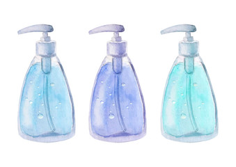 Watercolor set of full bottles isolated on white background. Template mockup realistic plastic bottle