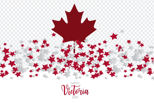 Happy Victoria Day Canada Holiday banner. National white and red flag colors confetti stars. Celebration concept overlay background with transparency. Vector illustration with lettering.